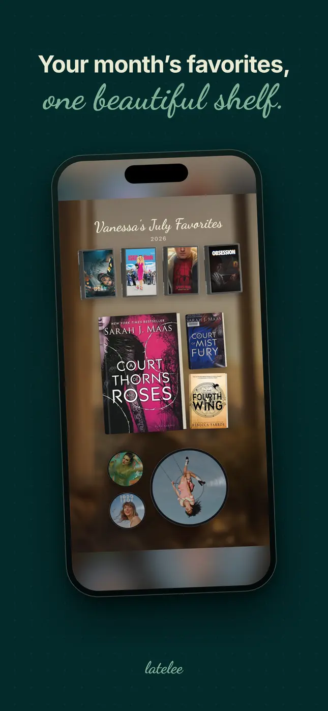 latelee marketing slide: “Your month's favorites, one beautiful shelf” above a phone showing a designed shelf of movies, books, and albums