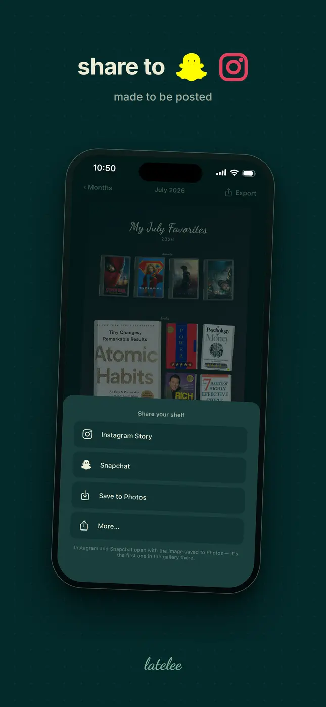 latelee marketing slide: share your shelf straight to Instagram Stories or Snapchat