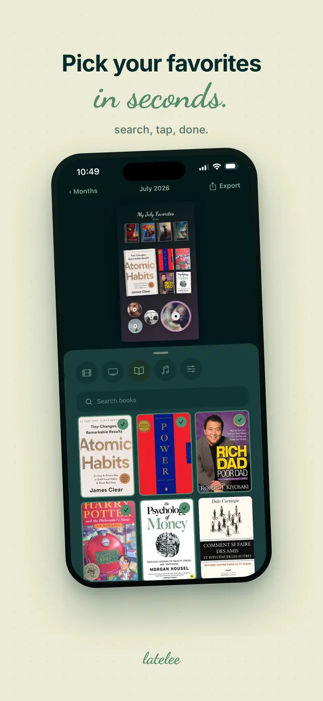 latelee marketing slide: “Pick your favorites in seconds” — search, tap, done