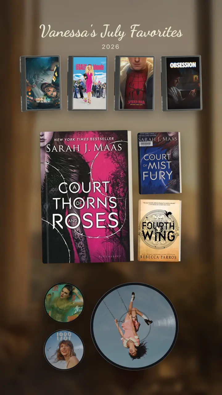 A latelee shelf export: a month of favorite movies, fantasy books, and vinyl albums arranged over a blurred photo background