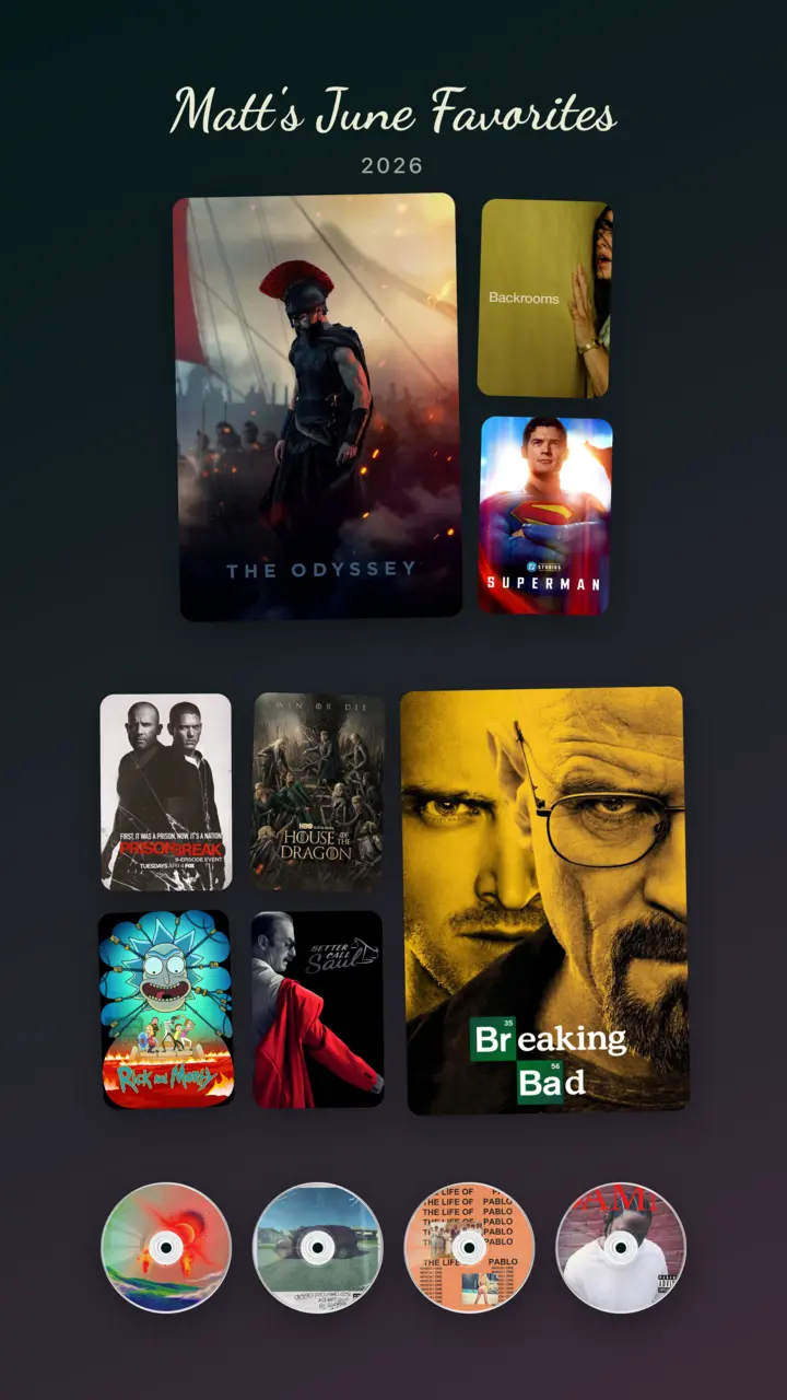 A latelee shelf export in the dark theme with movies, a TV show, and albums as vinyl records